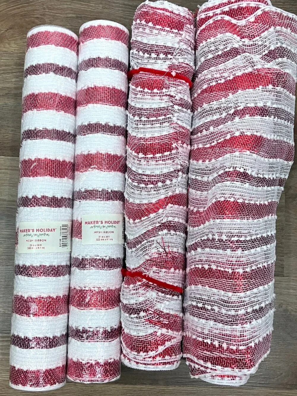Christmas Wreath Deco Mesh Striped Snowball Red White Garlands Bows Lot